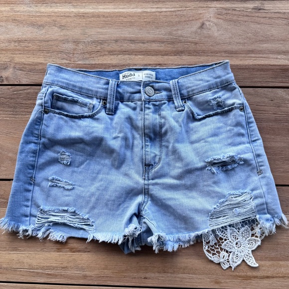 Mudd Light Blue Distressed Jean Shorts with Lace Detail - Picture 1 of 3